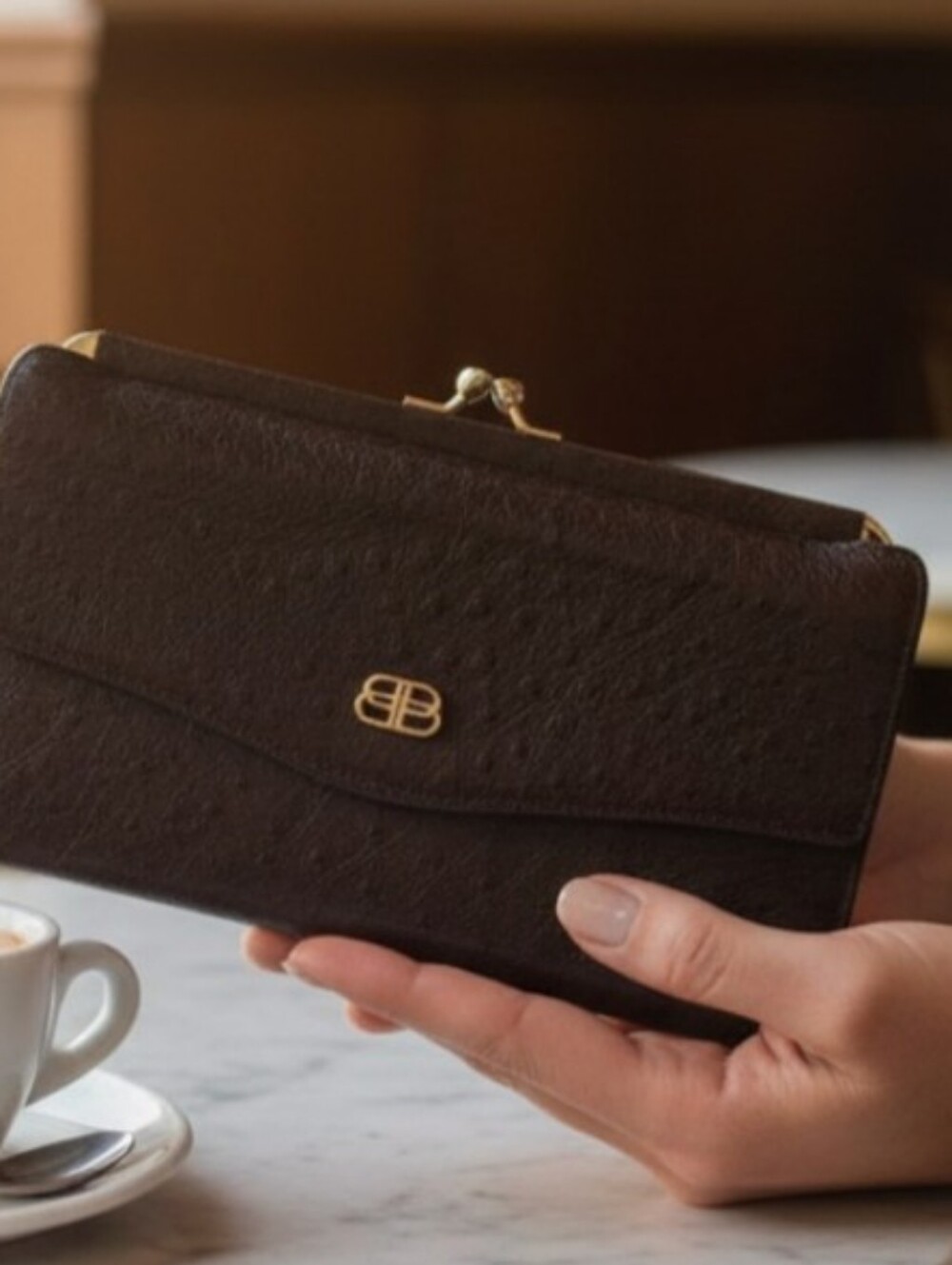 Balenciaga Vintage 80s  Brown Texture Frame Wallet With Kisslock Accents